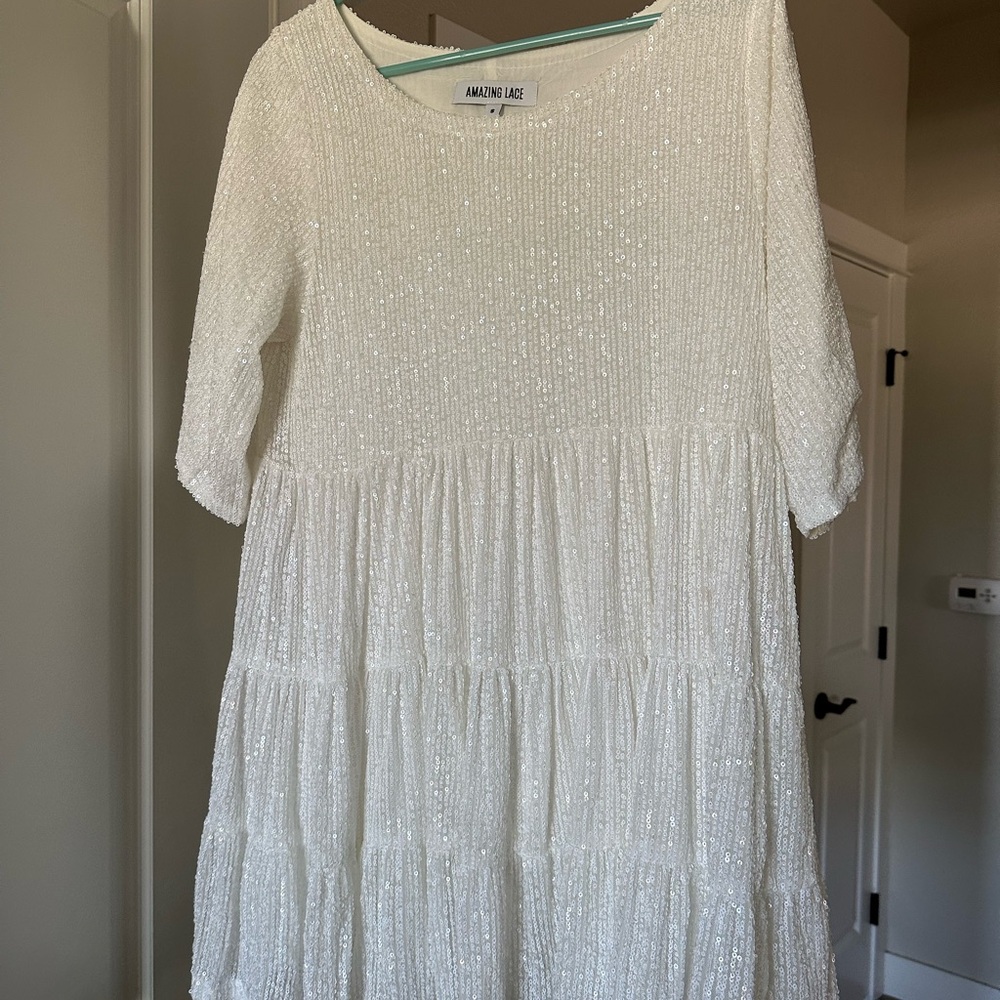 Amazing Lace Sparkling White Sequin Dress